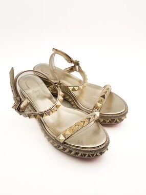 Christian Louboutin Pyraclou Gold Leather Studded Platform Sandals EU 36